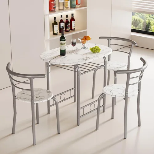 Miniatura 7 de JUMMICO Juego de Mesa Redonda y Sillas de Madera de 3 Piezas, Ahorro de Espacio Desayunador de Cocina Superficie de Veta de Madera con Marco