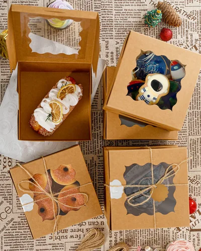Miniatura 7 de qiqee Cajas de galletas Kraft con ventana, 60 paquetes de 6 x 6 x 3 pulgadas, cajas de papel kraft marrón para galletas, pasteles, cupcakes, tartas