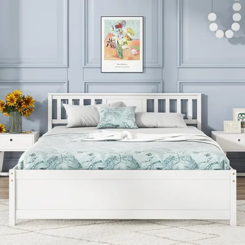 Miniatura 20 de Giantex Marco de cama de plataforma de madera maciza de tamaño matrimonial, marco de cama matrimonial de mediados de siglo con cabecero, soporte