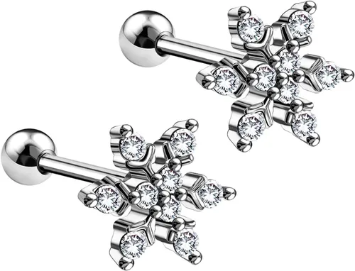 2 pendientes de acero quirúrgico con forma de copo de nieve de cristal transparente de 0.56 oz 14 0.236 in para cartílago Tragus Helix Piercing