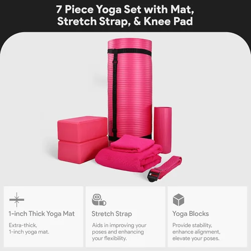 Miniatura 3 de BalanceFrom Juego de yoga de 7 piezas con esterilla extra gruesa de 71 x 24 x 1 pulgadas y correa de transporte – Incluye 2 bloques, correa de Rosado