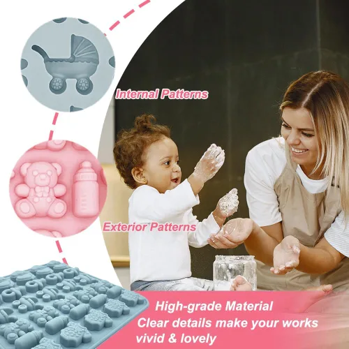 Miniatura 4 de Paquete de 2 moldes de silicona para baby shower, 35 cavidades para pies de bebé, con botella 3D, para chupete, patrón de oso carruaje para fiesta