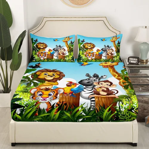 Miniatura 2 de Juego de sábanas bajeras de animales tamaño individual, divertido juego de ropa de cama de dibujos animados para niños y niñas, verde adolescente