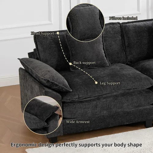 Miniatura 5 de Sofá seccional modular negro de 117.3", sofás seccionales grandes de 3 asientos para sala de estar, sofá nube oversized de tela chenille con Negro