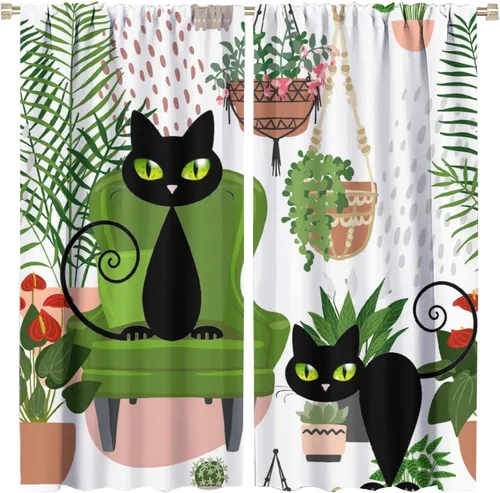 Miniatura 20 de Cortinas de estilo de mediados de siglo, diseño geométrico abstracto moderno, diseño retro, estampado de gato negro, para dormitorio, sala de estar