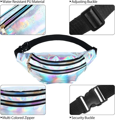 Miniatura 4 de Riñonera holográfica de 12 piezas para mujeres y niños cintura deportiva de color metálico paquete de cintura brillante con 3 bolsas y cinturones