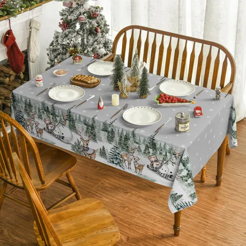 Miniatura 2 de Horaldaily Mantel de Navidad Rectangular de 52×70 Pulgadas, Ciervos Muñeco de Nieve Árboles Gris Cubierta de Mesa Lavable para Fiesta Pícnic