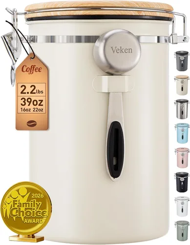 Miniatura 14 de Veken - Recipiente hermético para café de acero inoxidable, contenedor de almacenamiento de alimentos para la cocina con registro de fecha y cuchara