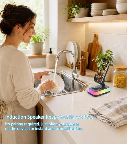 Miniatura 6 de Tatiyana Wireless Induction Speaker with Cell Phone Stand, Bluetooth Audio Speaker Amplifier, Foldable Desk Holder with RGB Light for iPhone Android