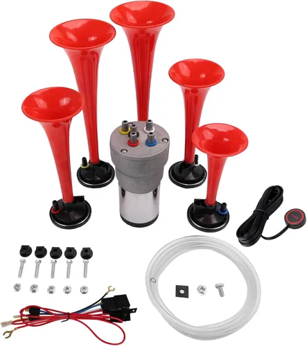 Miniatura 9 de FARBIN Bocina musical con sonido musical de 6 trompetas con compresor, juego de melodía de padrino, rojo, 12 V, 150 db, para tren, camión