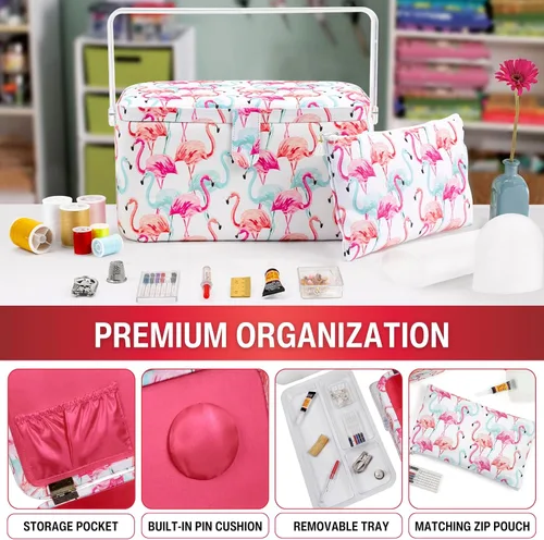 Miniatura 2 de SINGER Cesta de aparejos grande de alta calidad, estampado de flamenco pastel con kit de costura de viaje de emergencia y bolsa con cremallera a