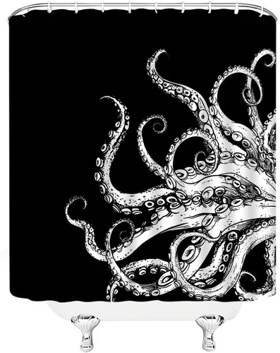 Miniatura 4 de Cortina de ducha de tentáculo de pulpo, diseño de kraken de océano blanco y negro, divertido animal náutico, vida marina, fresco, moderno, único