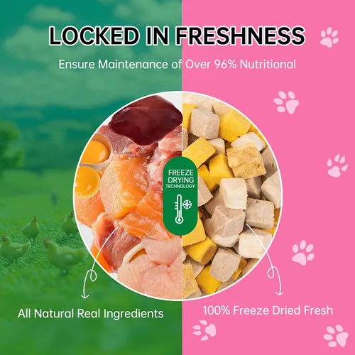 Miniatura 2 de Mezcla de carne liofilizada 5 en 1 para perros y gatos – Pollo, pato, salmón, yema de huevo e hígado, ingredientes naturales para mascotas, sin