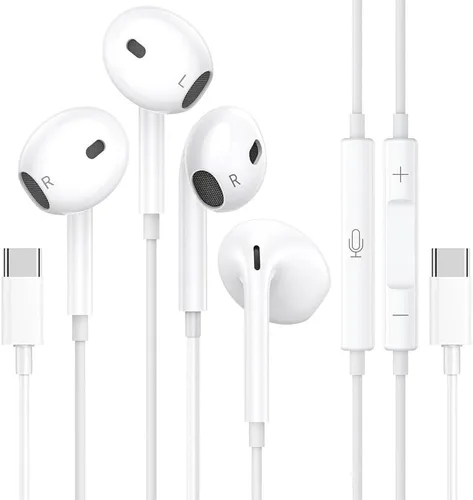 Miniatura 8 de Paquete de 2 auriculares USB C para iPhone 17 16 15 Pro Max, auriculares tipo C con micrófono y control de volumen, auriculares USB C con cable
