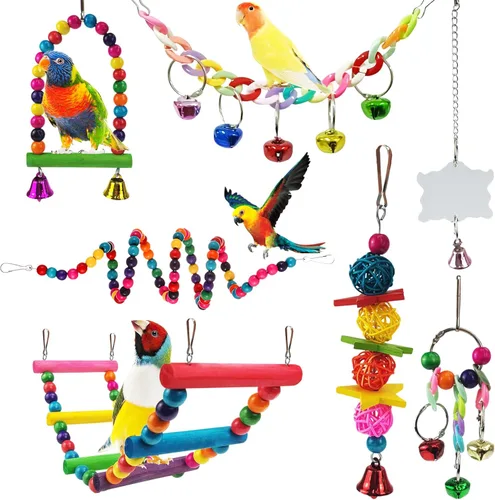 Juguetes de periquitos, 7 piezas de juguetes coloridos para pájaros para periquitos, jaula de pájaros para mascotas, hamaca, escaleras, juguete para