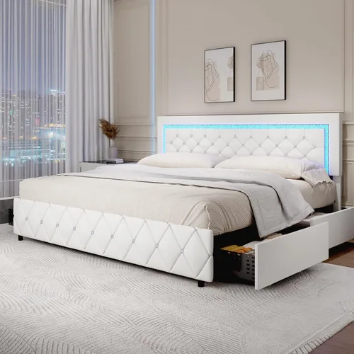 Miniatura 16 de Base de cama tamaño queen con luces LED, plataforma tapizada con cajones de almacenamiento, cama princesa con cabecera y cabecera de diamante,