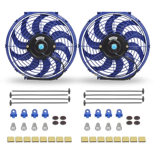 Miniatura 9 de Ventilador delgado universal de empuje eléctrico para radiador 12V 80W de alto rendimiento, kit de montaje azul de 2 piezas