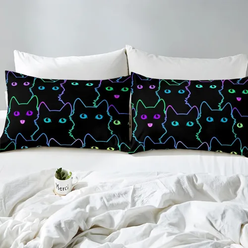 Miniatura 4 de Juego de ropa de cama con diseño de dibujos animados para niñas, niños, mascotas, gatos, funda de edredón con luz de neón, funda de edredón colorida