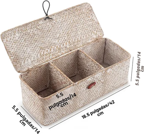 Miniatura 6 de Cesta de Almacenamiento de Seagrass Blanqueado con Tapa Tejida para Rollos de Papel Higiénico con Secciones Rectangular para Organizar Snacks