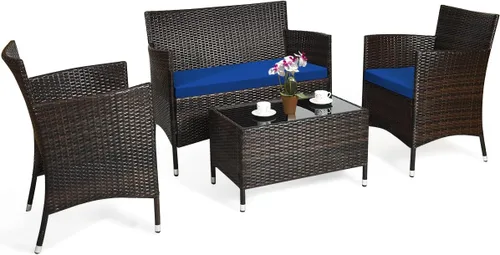 Miniatura 10 de COSTWAY Juego de 4 muebles de ratán para patio, sillas de mimbre para exteriores con mesa auxiliar, juego de conversación acolchado de ratán