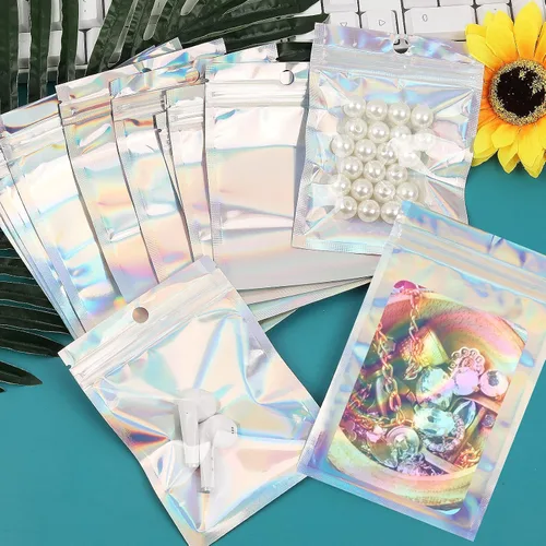 Miniatura 17 de 120 bolsas de tereftalato de polietileno a prueba de olores, bolsa de embalaje holográfica resellable con ventana transparente para alimentos
