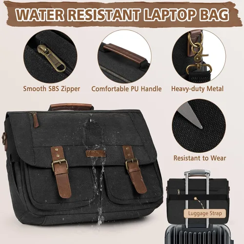 Miniatura 6 de RAINSMORE Bolsa tipo mensajero para hombre de 15.6 a 17.3 pulgadas, resistente al agua, de lona, maletín para computadora, para trabajo, universidad