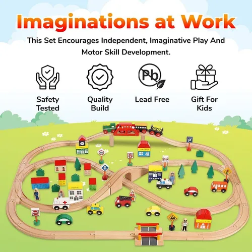 Miniatura 2 de On Track USA Juego de tren de madera de 35 piezas todo en uno con trenes magnéticos y accesorios ferroviarios, viene en un recipiente transparente