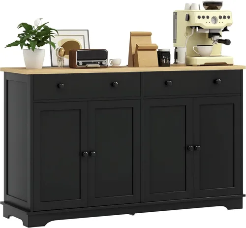 Miniatura 18 de HOMCOM Aparador de buffet con encimera de madera maciza, gabinete de almacenamiento de cocina moderno, gabinete de barra de café con 2 cajones, Negro