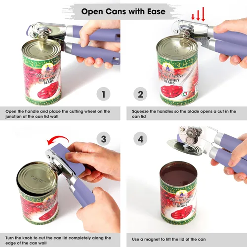 Miniatura 6 de Beneno - Abridor de latas manual de mano resistente con imán, hoja duradera y afilada de acero al carbono de corte suave, perilla grande que ahorra