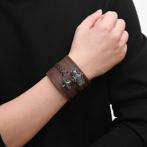 Miniatura 3 de HZMAN Mjölnir - Pulsera de piel auténtica para hombre, diseño gótico, ajustable, estilo gótico