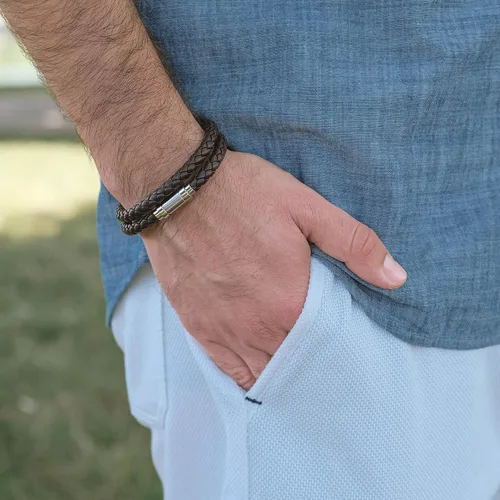 Miniatura 5 de Pulsera de cuero trenzada con cierre magnético de acero inoxidable para hombre, pulsera de cuero auténtico con cierre magnético