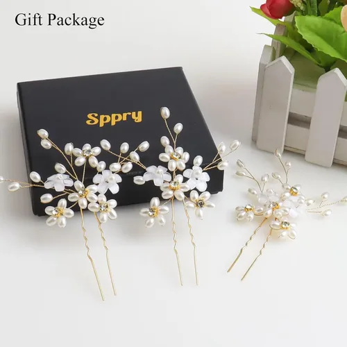 Miniatura 6 de Elegantes horquillas para el pelo de boda con perlas, accesorios de cristal floral flexibles para mujeres nupciales, paquete de 3 (dorado)