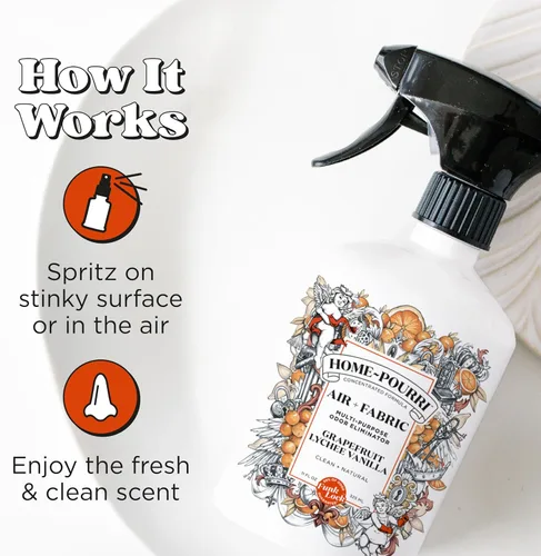 Miniatura 5 de Poo-Pourri Home-Pourri Air + Tela Multiusos - Espray refrescante de olor, Pomelo Lichi Vainilla, 11 onzas líquidas - Vainilla y Pomelo Lichi