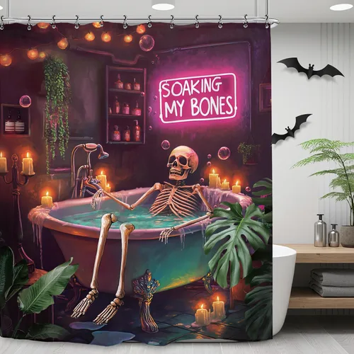 Miniatura 7 de Cortina de ducha de Halloween con diseño de esqueleto de neón de 60 pulgadas de ancho por 71 pulgadas de alto, diseño divertido de calavera