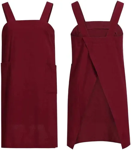 Miniatura 5 de WROLEM Delantal con espalda cruzada para mujer, con bolsillos grandes, cocina para el hogar, restaurante, cafetería, trabajos de jardinería Rojo vino