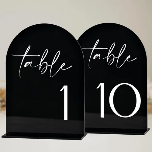 Miniatura 14 de Números de mesa de acrílico de arco negro con soportes 1-15, letrero acrílico arqueado negro de 5 x 7 pulgadas y base, números de mesa de arco