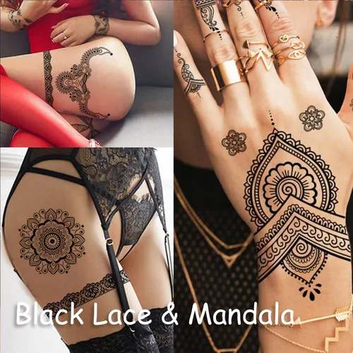 Miniatura 6 de 6 hojas de tatuajes temporales de henna negra para mujeres y niñas, calcomanías de tatuaje falsas de encaje, misterioso, sexy, mandala, flor, diseño