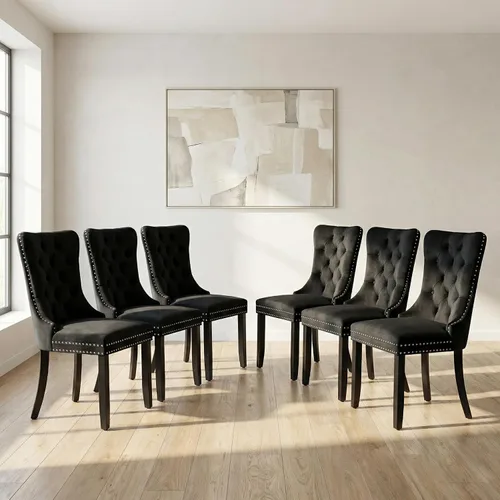 Miniatura 101 de OVENTA Juego de 4 sillas de comedor modernas tapizadas copetudas, terciopelo negro y gris y cuero con patas de madera maciza, sillas de cocina