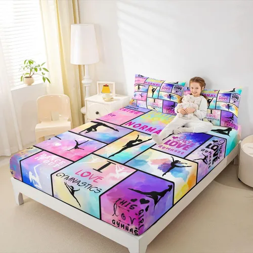 Miniatura 28 de Sábana bajera ajustable de ballet para niñas, juego de ropa de cama de ballet para danza de ballet, sábanas de cama con rayas geométricas onduladas