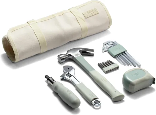 TINKR Kit de herramientas esenciales para el hogar – Martillo, destornillador con trinquete, cinta métrica, llaves Allen y llave en estuche de lona.