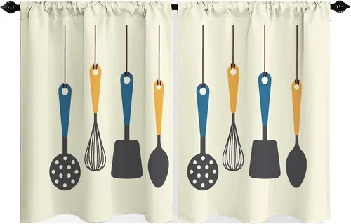 Cortinas cortas para ventana de cocina con cucharón de sopa de dibujos animados, color beige, medio cortina de baño para dormitorio, juego de 2