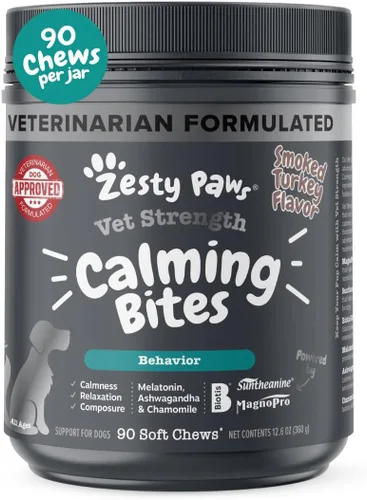 Zesty Paws Vet Strength - Masticables calmantes para perros - para el estrés diario, relajación, compostura y separación, sabor a pavo ahumado, 90