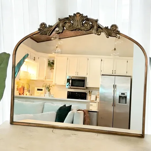 Miniatura 4 de USHOWER Gold Anthropologie - Espejo arqueado vintage de 36 x 30 pulgadas, espejo adornado barroco grande con marco de latón antiguo para chimenea