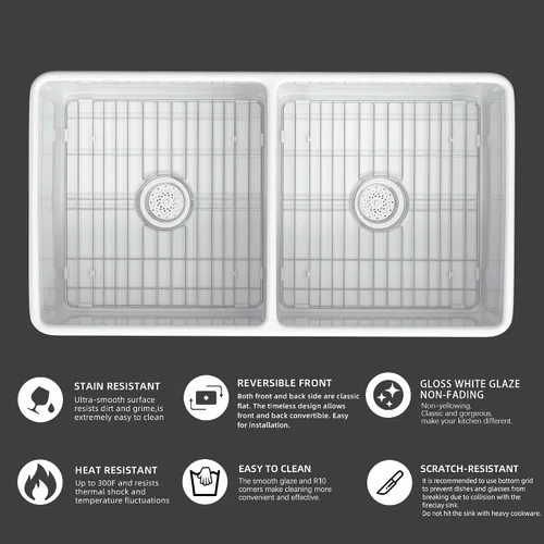 Miniatura 2 de Miuara Fregadero de cocina estilo casa de campo con cuenco doble de 33 pulgadas, fregadero de cocina frontal con delantal blanco, reversible, 33 x