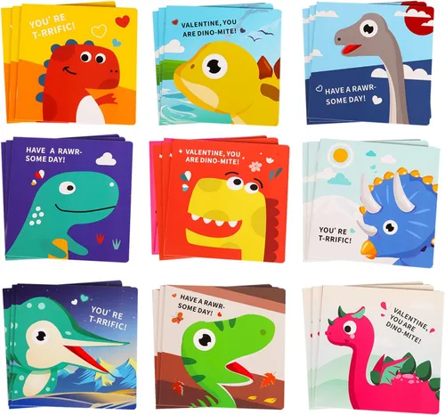 Miniatura 9 de Rompecabezas del día de San Valentín para niños, paquete de 27 tarjetas de rompecabezas de dinosaurio con sobres y calcomanías a granel