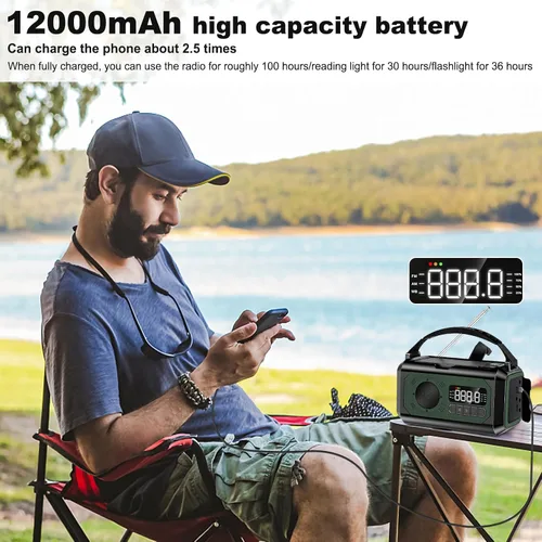 Miniatura 5 de Radio de emergencia de 44400 mWh/12000 mAh, radio solar portátil con manivela AM/FM/NOAA Radio meteorológica con 2 paneles solares, 3 métodos
