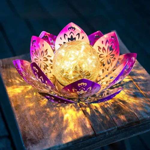 Miniatura 11 de Huaxu Luces solares para jardín al aire libre, decoración de loto de cristal con forma de globo agrietado, decoración de flores LED impermeables