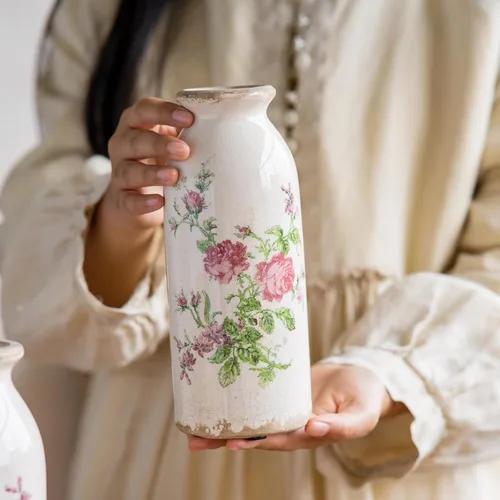 Miniatura 12 de Jarrón floral de cerámica verde y blanco con asa, jarrón rústico de granja, florero floral chinoiserie para decoración del hogar, sala de estar