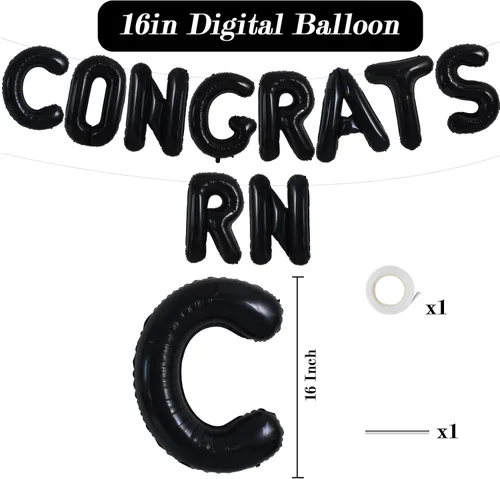 Miniatura 2 de TONIFUL Decoraciones de graduación de enfermeras 2026, globos negros de felicitaciones RN 2026 de 16 pulgadas RN 2026, pancarta de clase de 2026