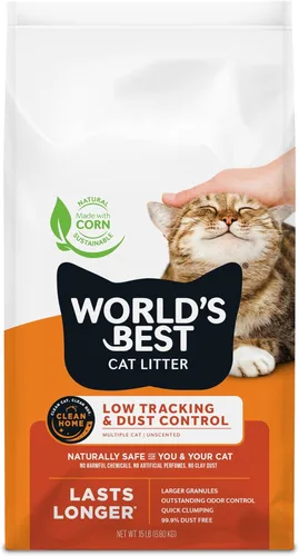 WORLD'S BEST CAT LITTER Bajo Rastro y Control de Polvo para Múltiples Gatos Sin Fragancia 15 Libras - Ingredientes Naturales, Aglutinación Rápida,